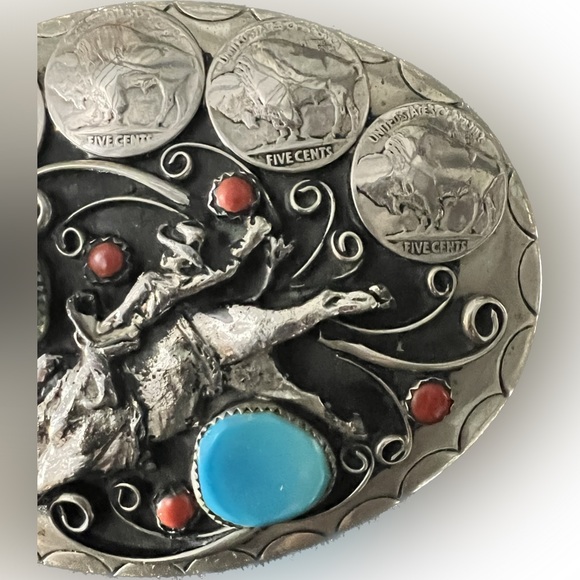 Hand Crafted SQUAW WRAP Signed Silver Belt Buckle Turquoise Coral Cowboy Horse - Picture 7 of 7